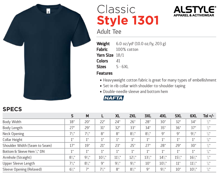 Alstyle 1301 Size Chart